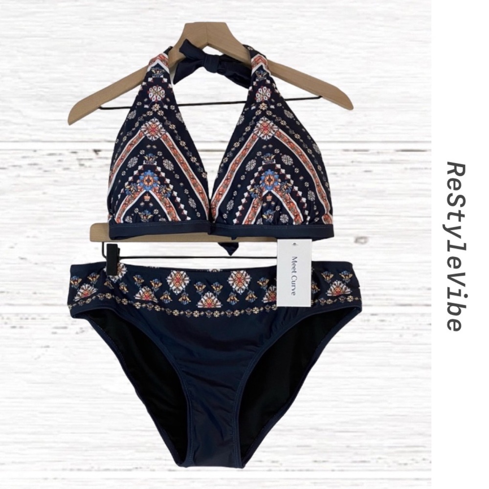 MEET.CURVE Women’s Size 2XL Swim Bikini Set Top Bottom Matching Tie NEW NWT